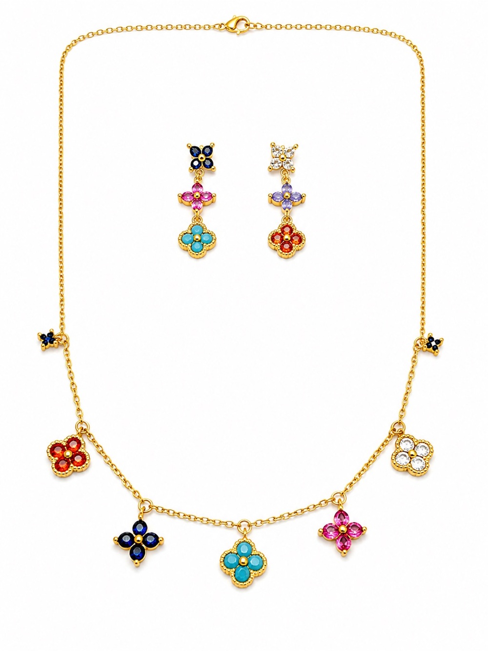 Gold Multi-Color Flower Charm Necklace and Earring Set - Unbranded